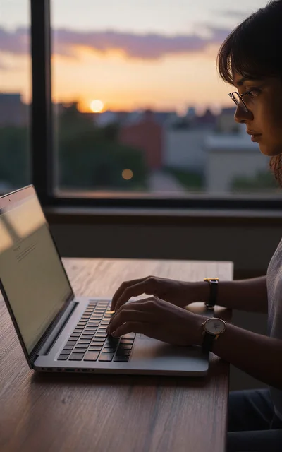 Woman Working On Laptop At Sunset