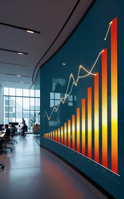 Modern Office Interior With Glowing Financial Growth Chart