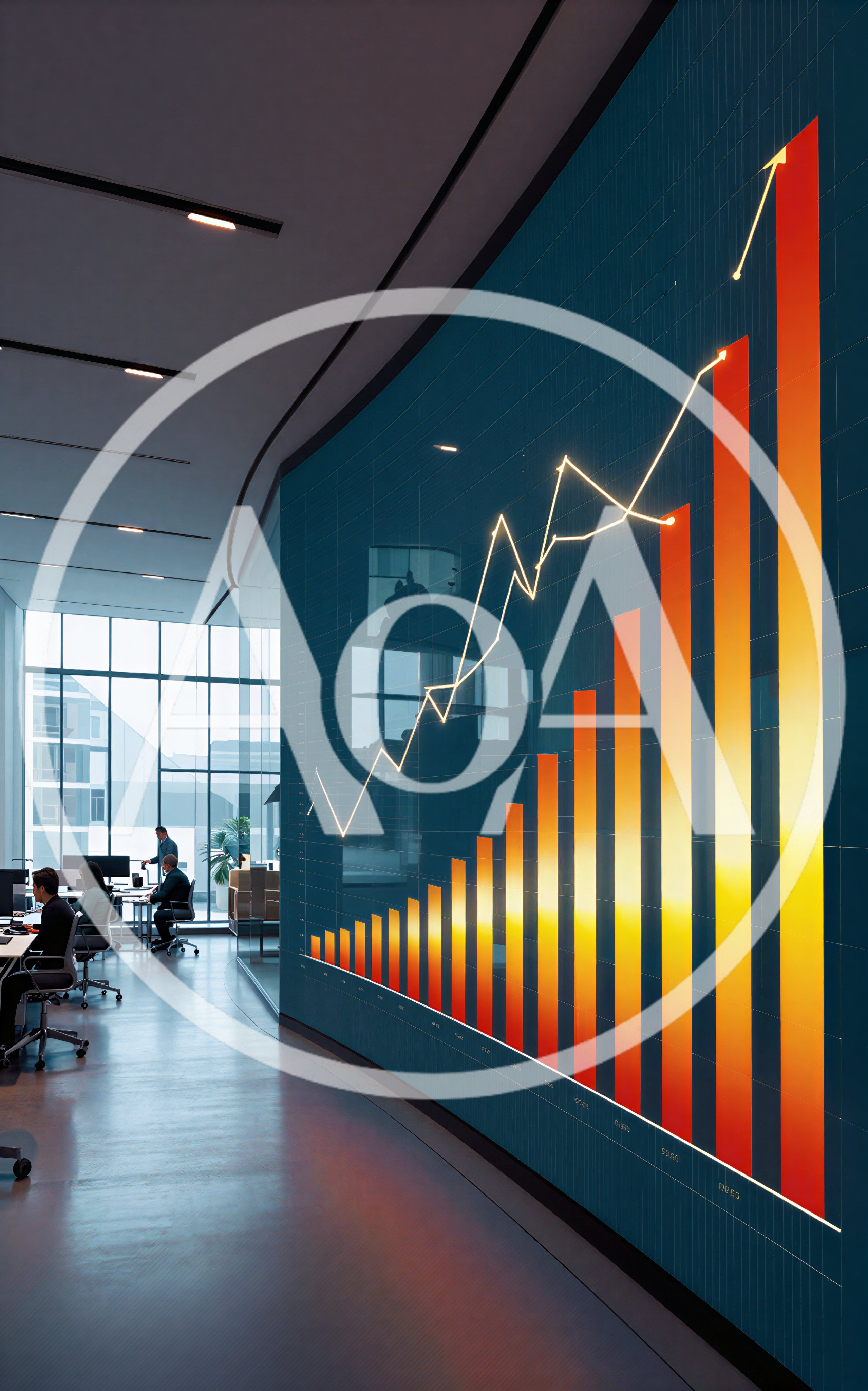 Modern Office Interior With Glowing Financial Growth Chart