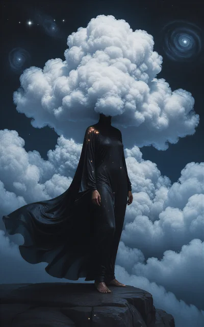 Surreal Figure With Cloud Head Standing On Cliff