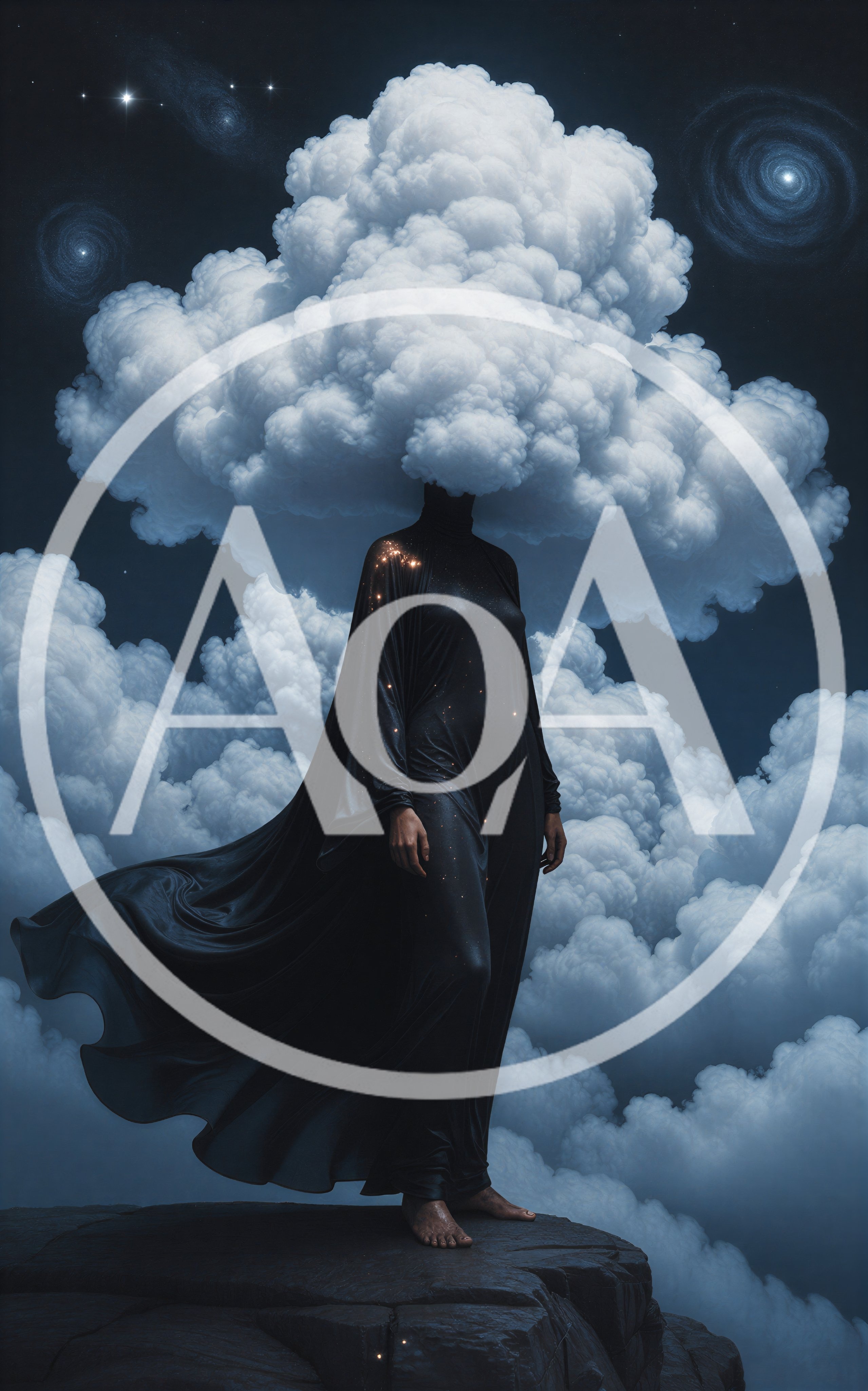 Surreal Figure With Cloud Head Standing On Cliff
