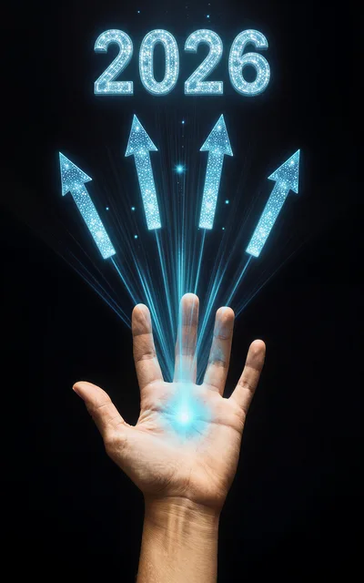 Human Hand Projecting Glowing Arrows and 2026 Text