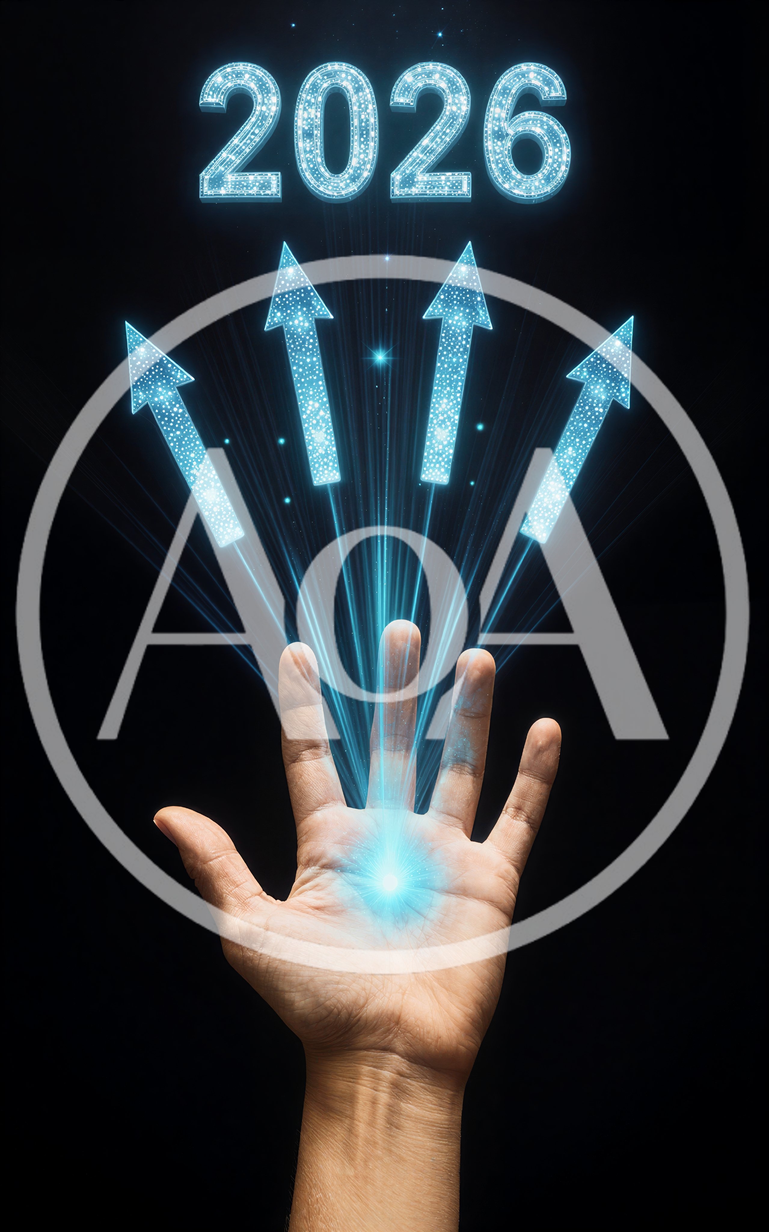 Human Hand Projecting Glowing Arrows and 2026 Text