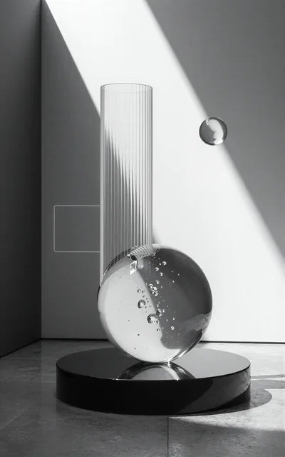 Abstract Glass Sculpture With Floating Sphere And Bubbles