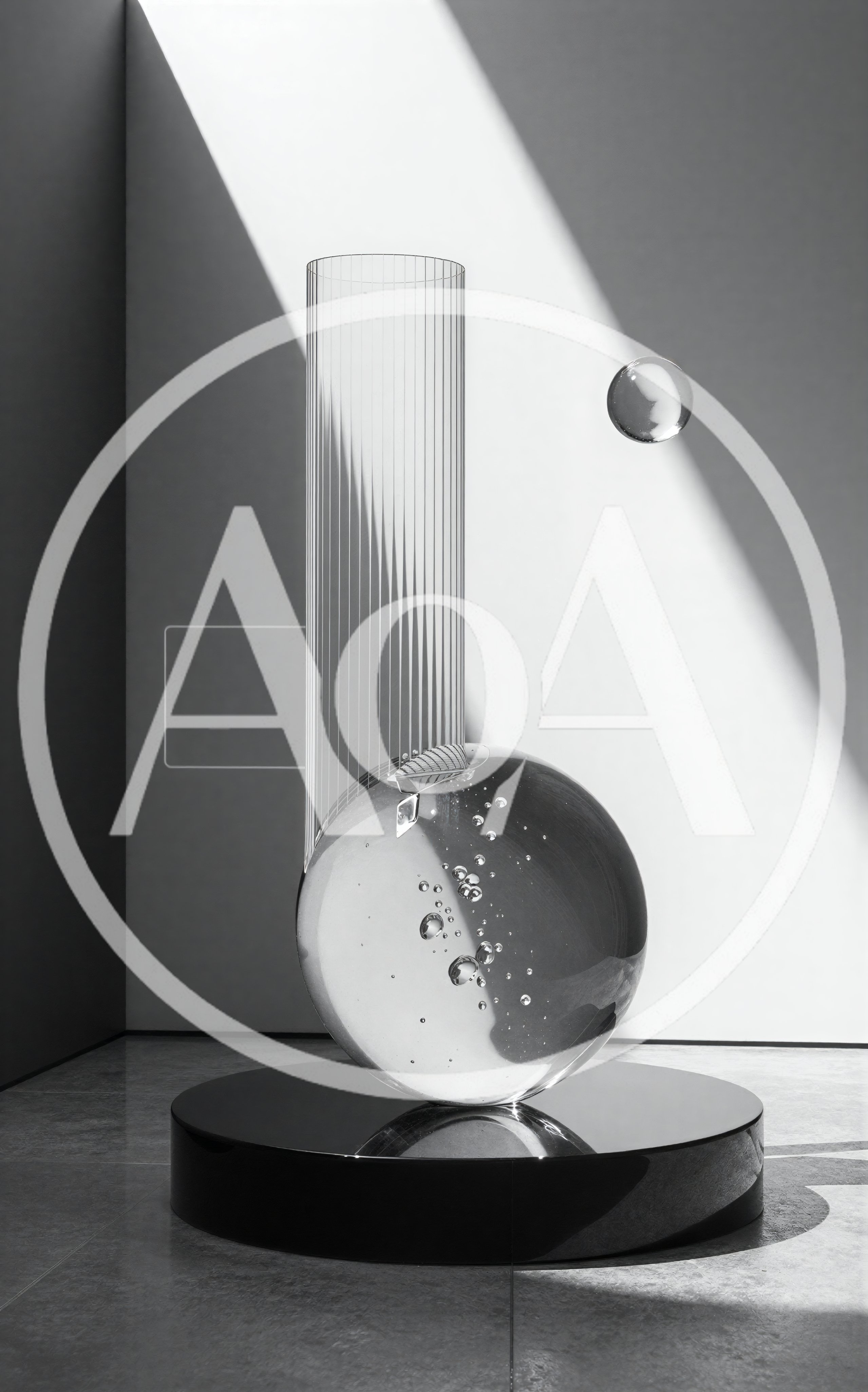 Abstract Glass Sculpture With Floating Sphere And Bubbles