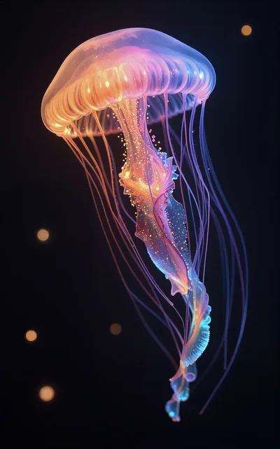 Bioluminescent Jellyfish Floating In Deep Ocean Waters
