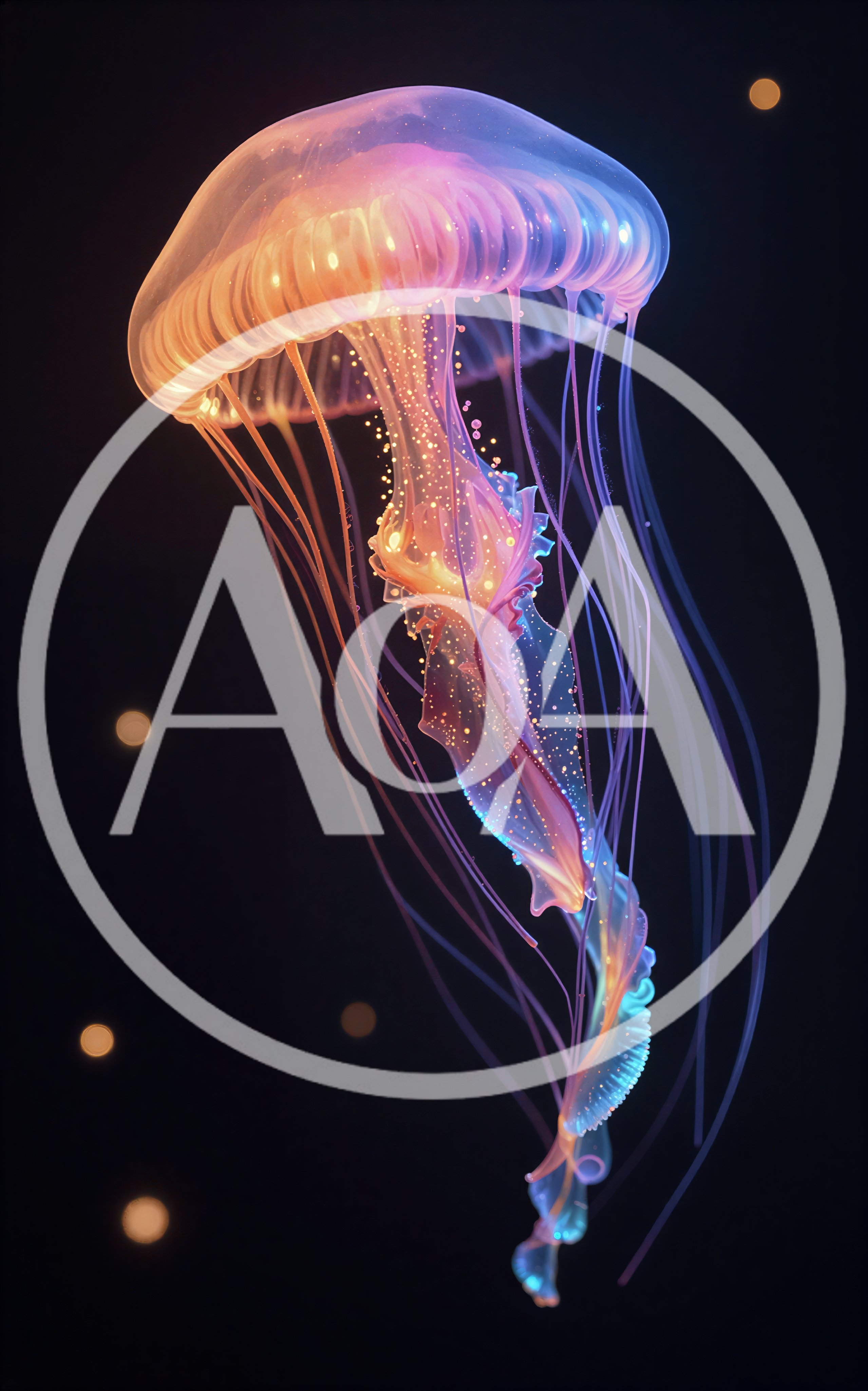Bioluminescent Jellyfish Floating In Deep Ocean Waters