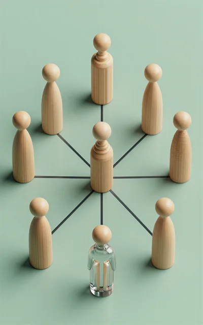 Wooden Figurines Arranged In A Network Connection Diagram
