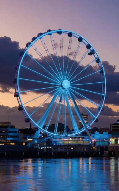 Illuminated Ferris Wheel At Sunset Over Water
