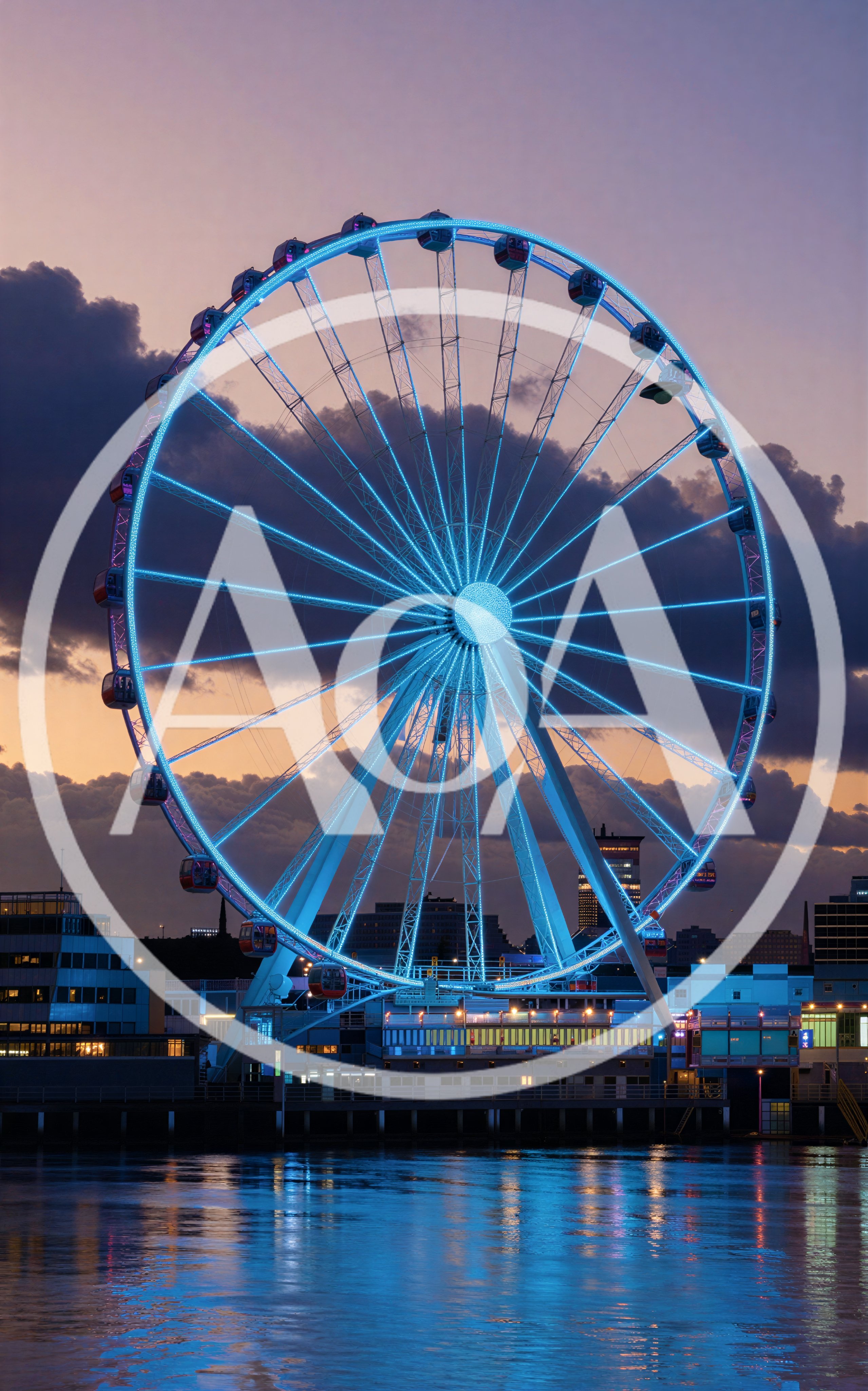 Illuminated Ferris Wheel At Sunset Over Water