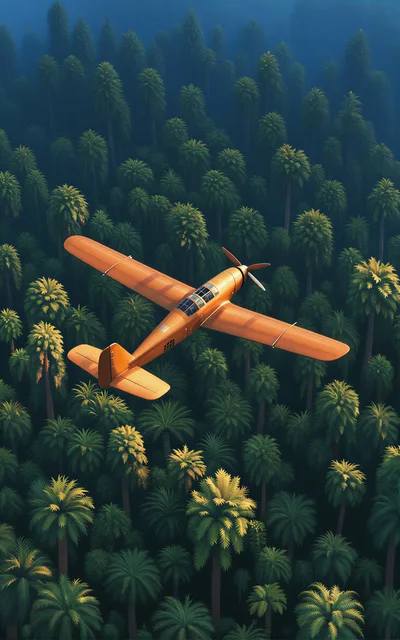 Orange Airplane Flying Over A Dense Tropical Palm Forest