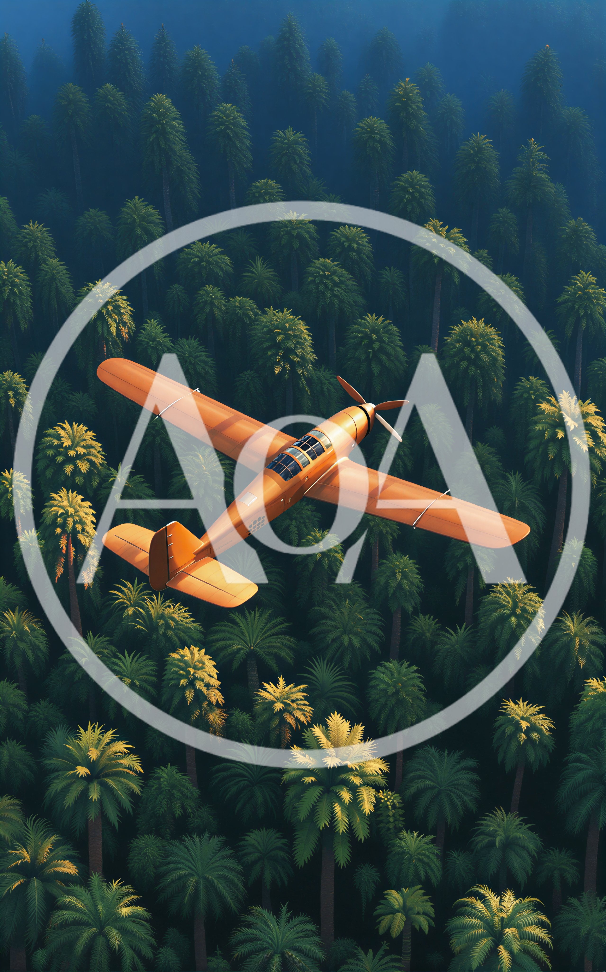 Orange Airplane Flying Over A Dense Tropical Palm Forest