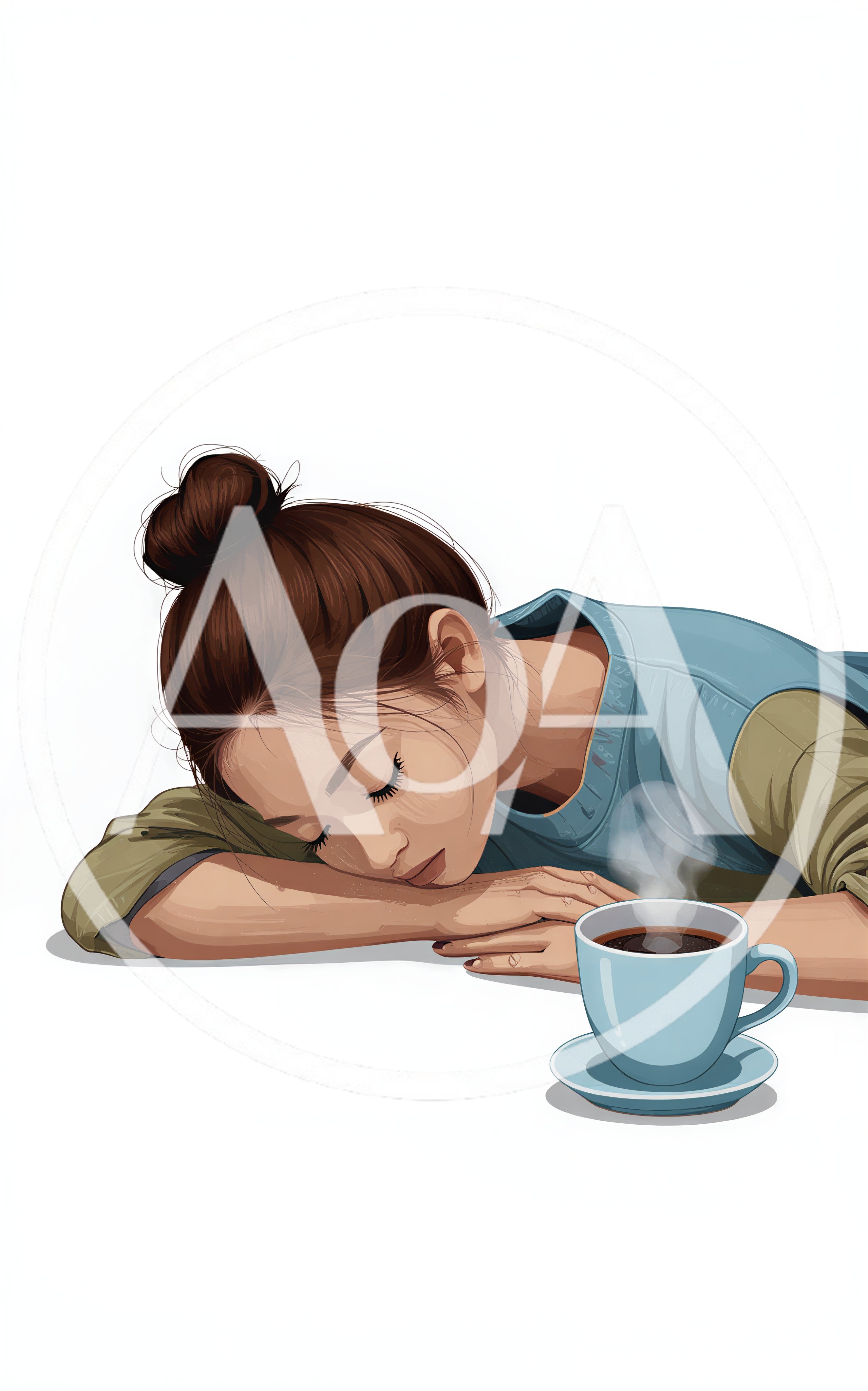 Young Woman Sleeping Beside A Steaming Cup Of Coffee