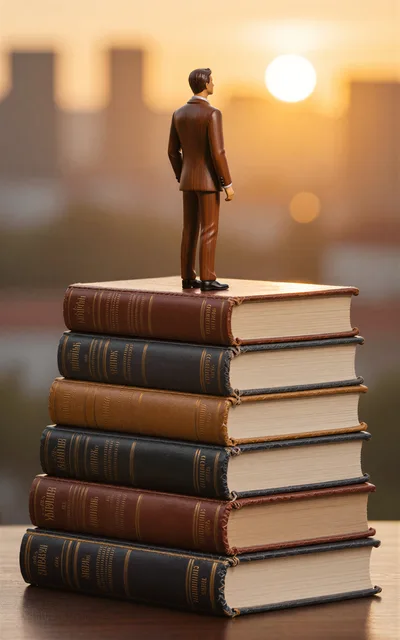 Miniature Businessman Standing Atop A Stack Of Books