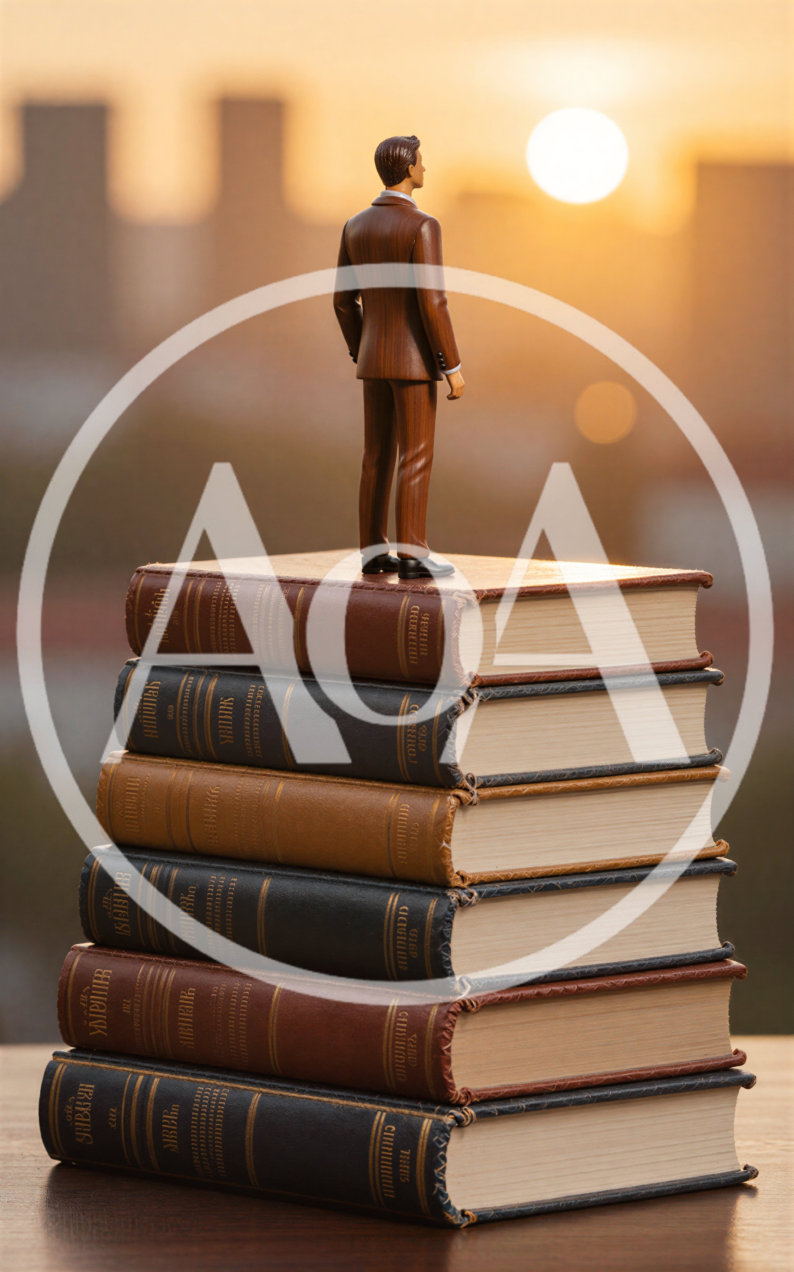 Miniature Businessman Standing Atop A Stack Of Books