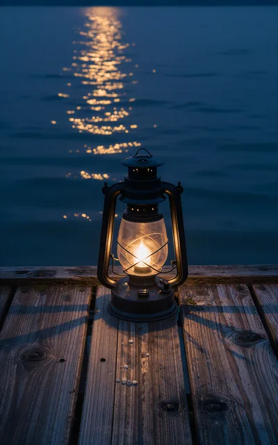 Vintage Oil Lantern Glowing On A Wooden Dock