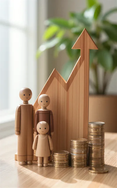Wooden Family Figurines With Growth Chart And Coin Stacks