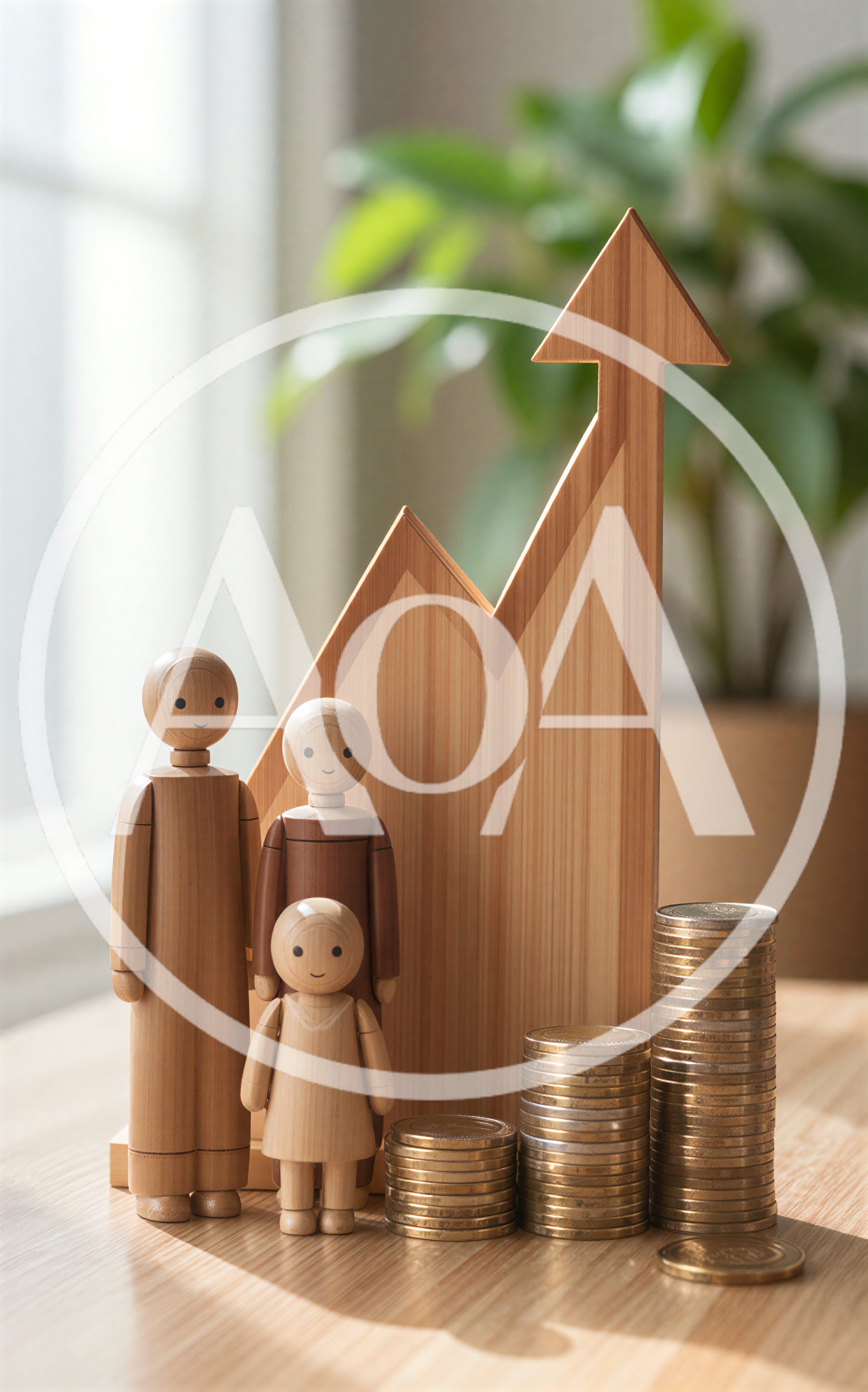 Wooden Family Figurines With Growth Chart And Coin Stacks