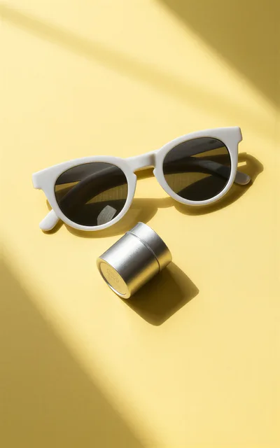 White Sunglasses And Silver Tin On Yellow Background