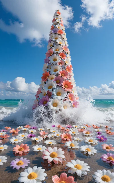 Surreal Flower Tower Rising From Ocean Waves