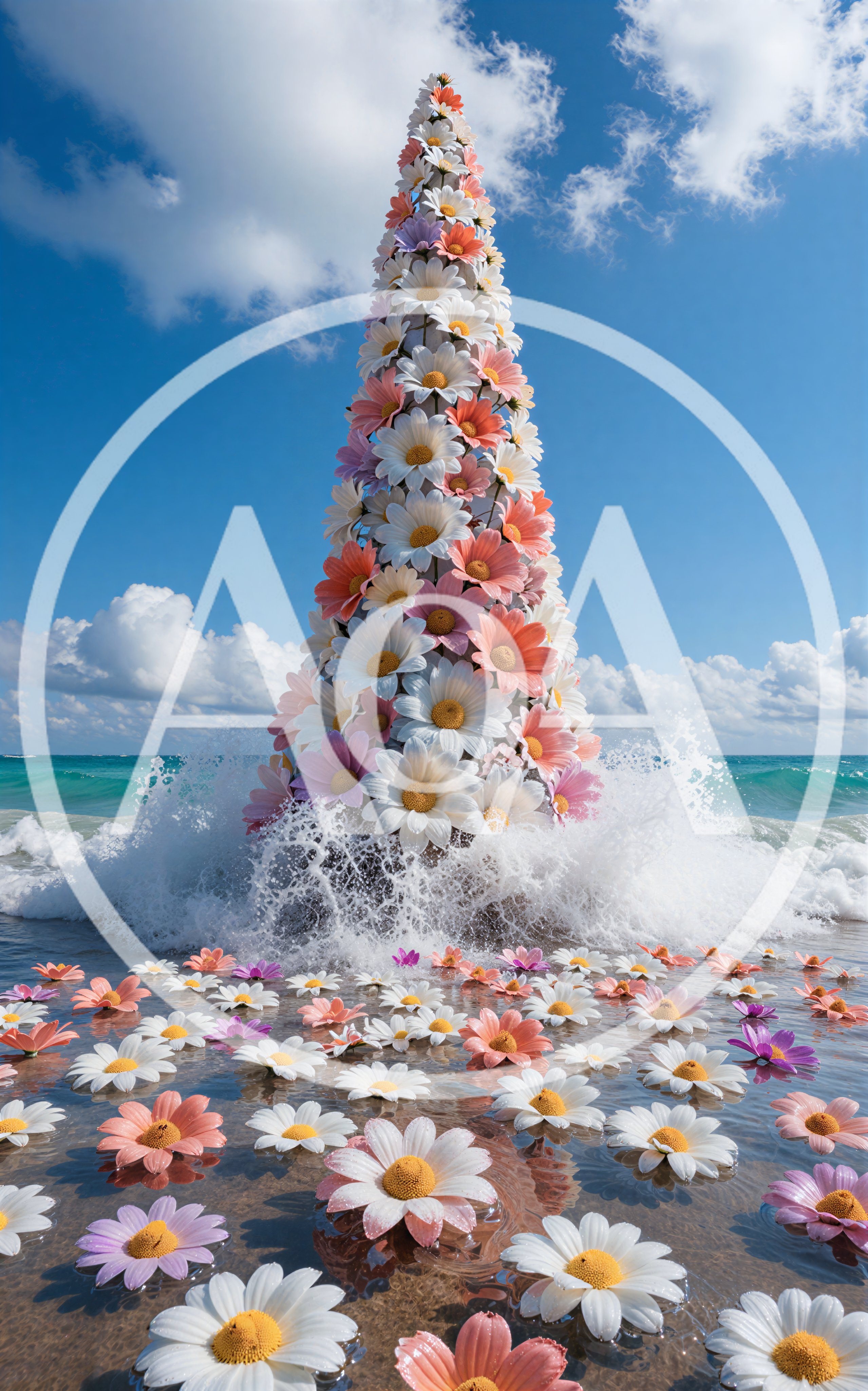 Surreal Flower Tower Rising From Ocean Waves