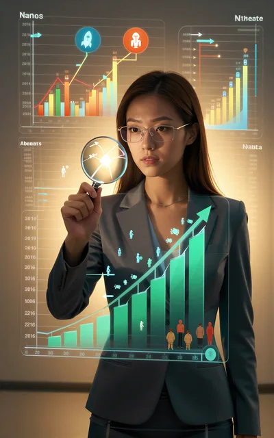 Businesswoman Analyzing Digital Data Charts With Magnifying Glass
