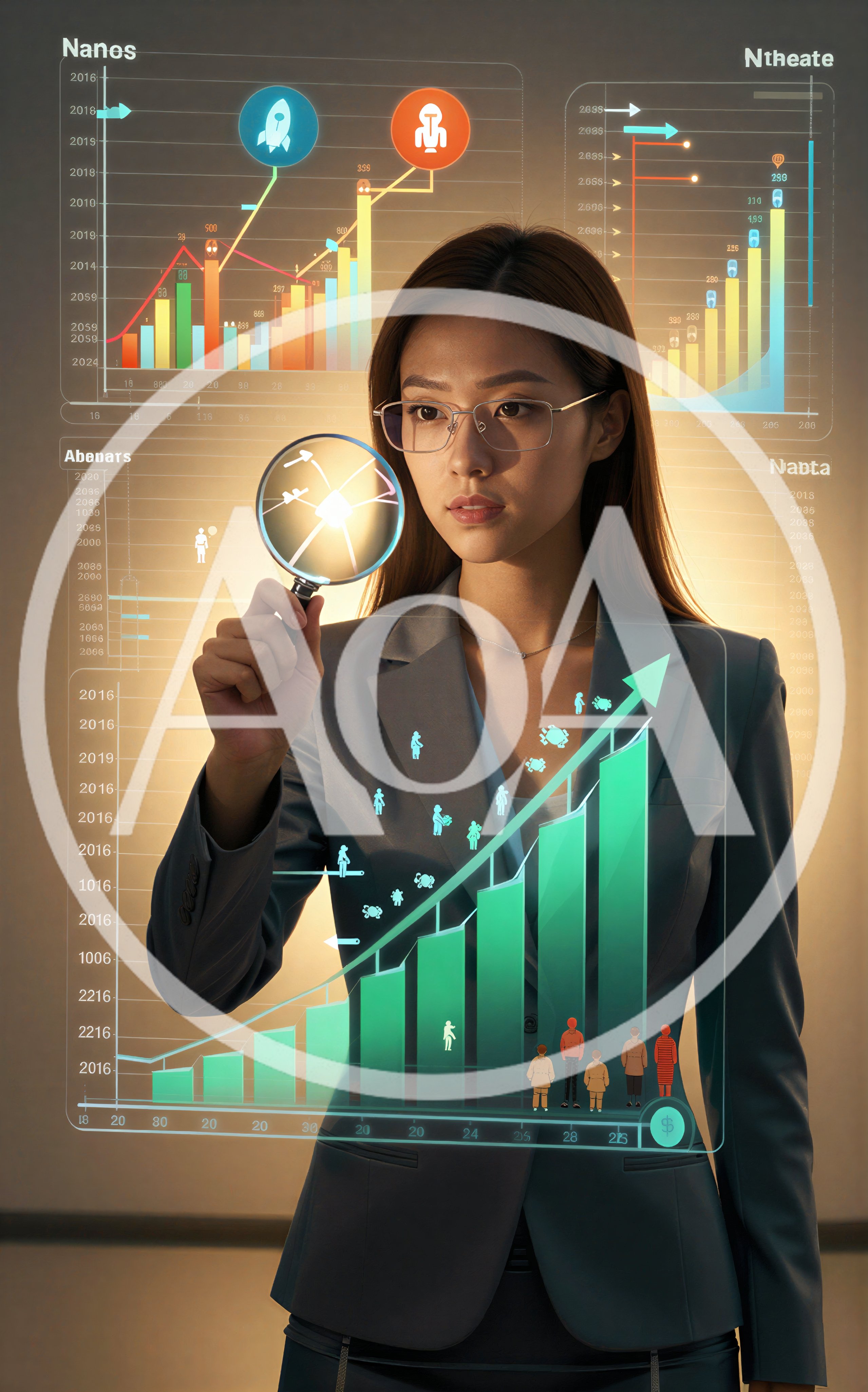 Businesswoman Analyzing Digital Data Charts With Magnifying Glass