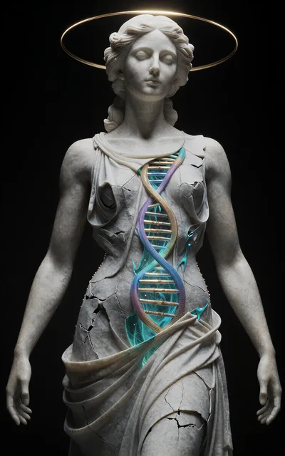 Marble Statue Of A Goddess With Glowing DNA Helix