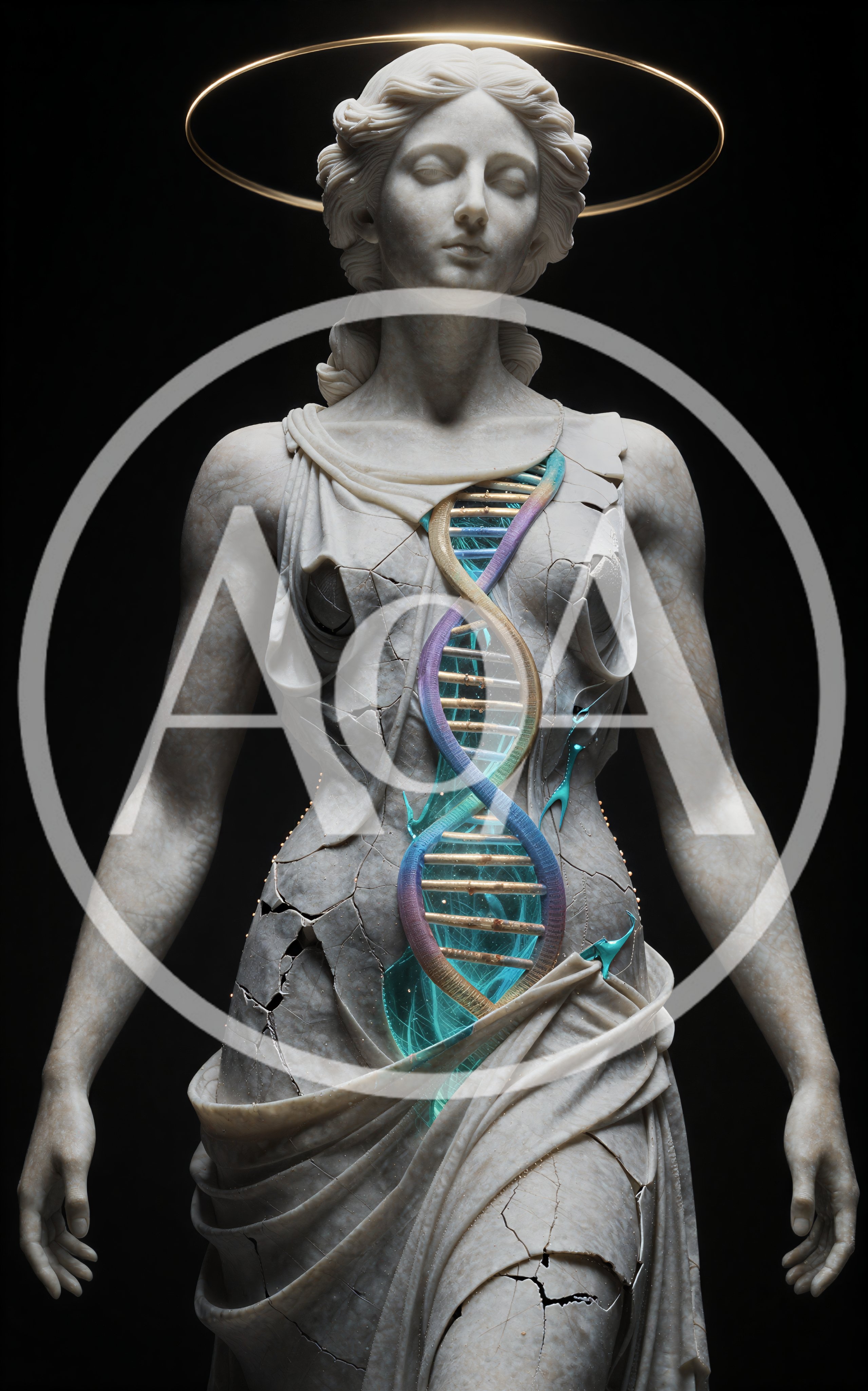 Marble Statue Of A Goddess With Glowing DNA Helix