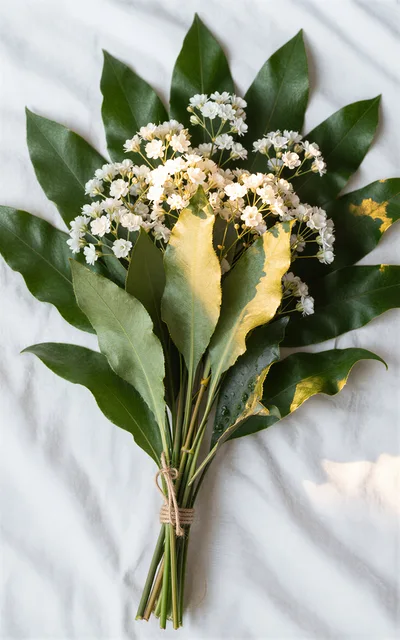 Bouquet of White Flowers and Variegated Leaves