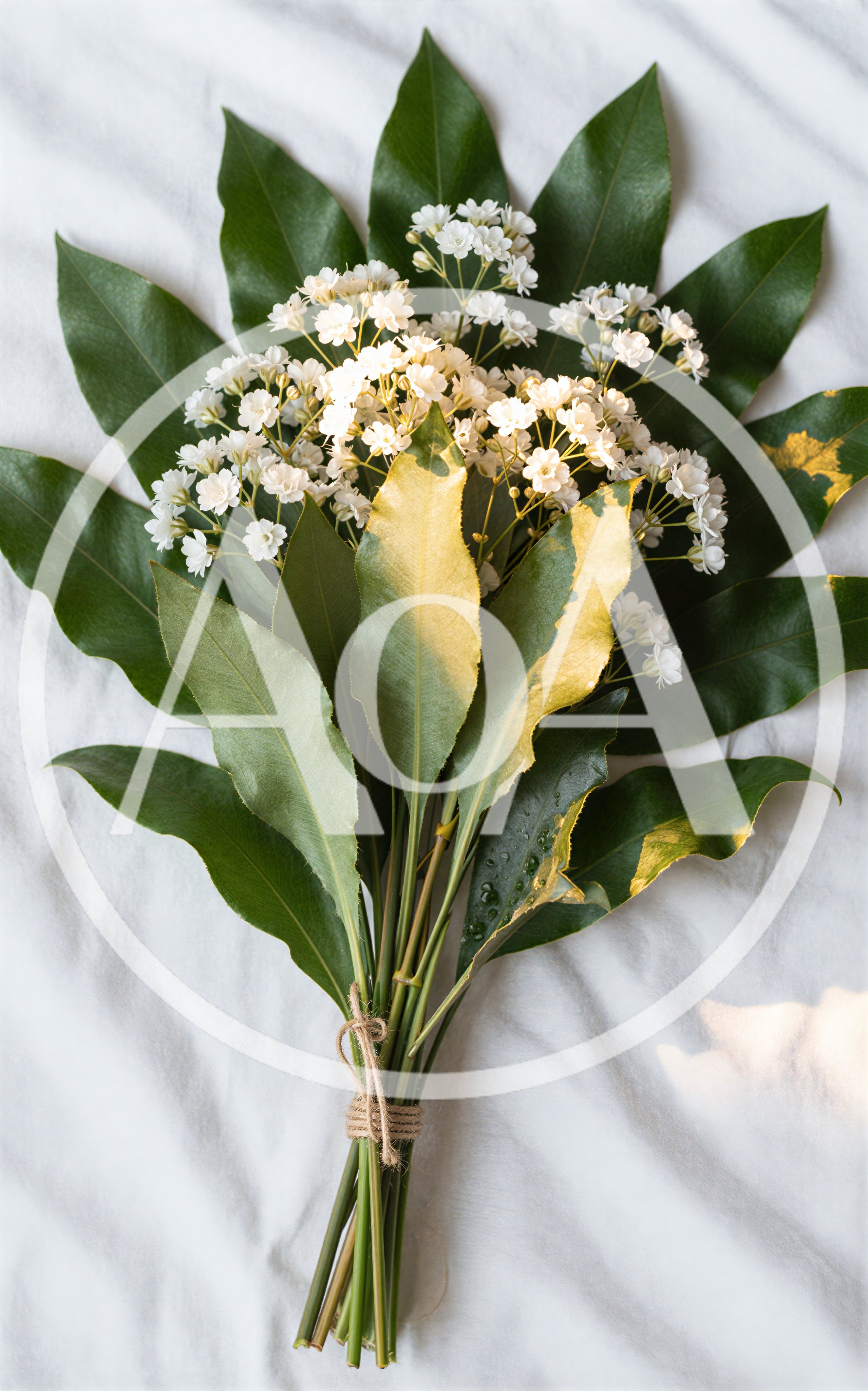 Bouquet of White Flowers and Variegated Leaves