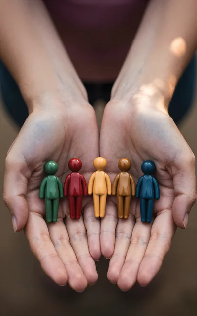 Hands Holding Five Colorful Human Figurines