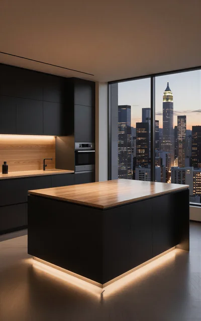 Modern Luxury Kitchen Interior With City Skyline View