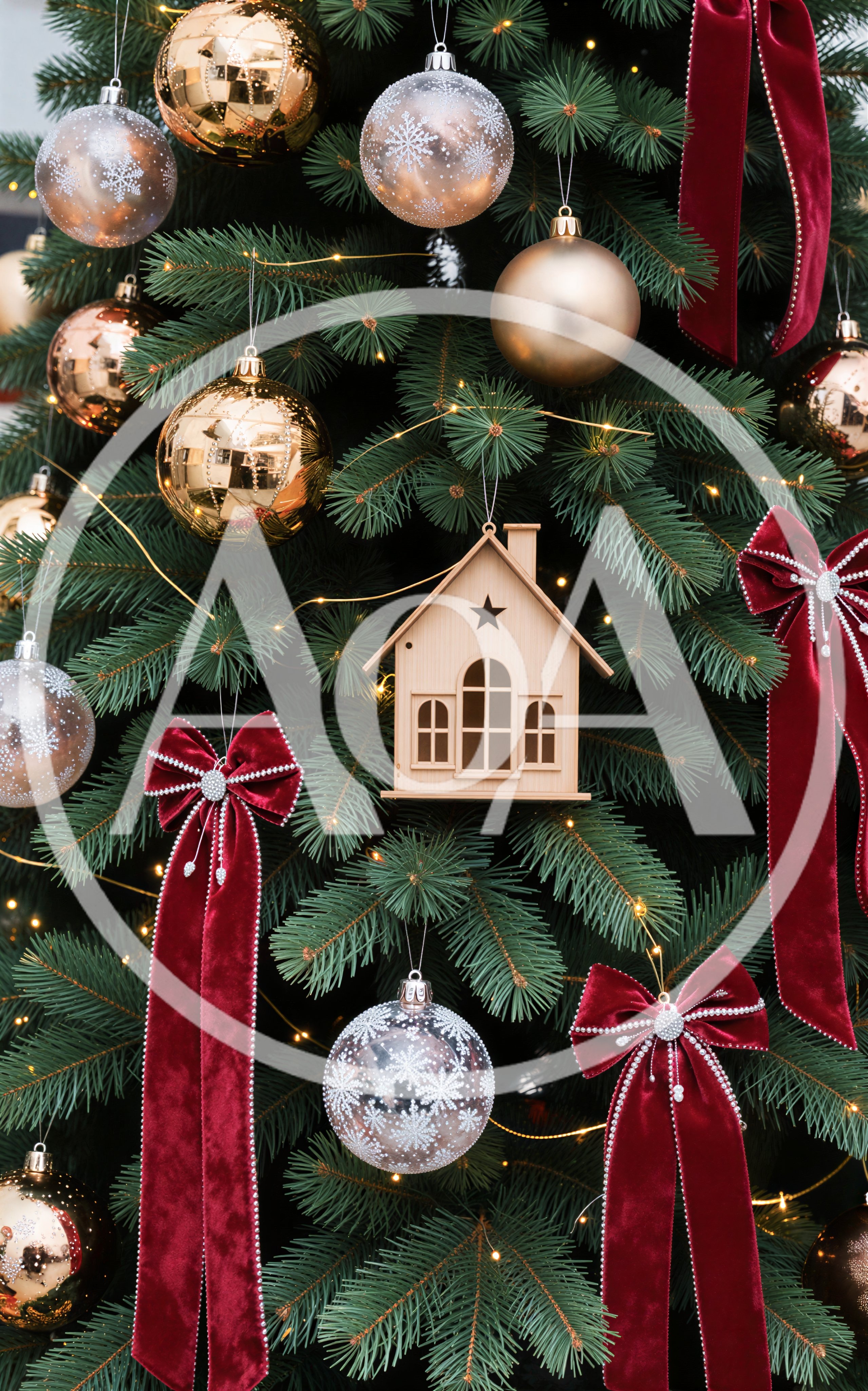 Christmas Tree Decorated With Ornaments And Velvet Bows