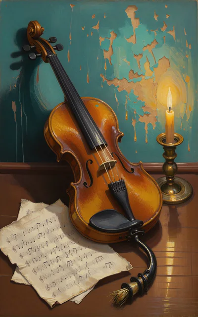 Violin With Sheet Music And Candle In Still Life