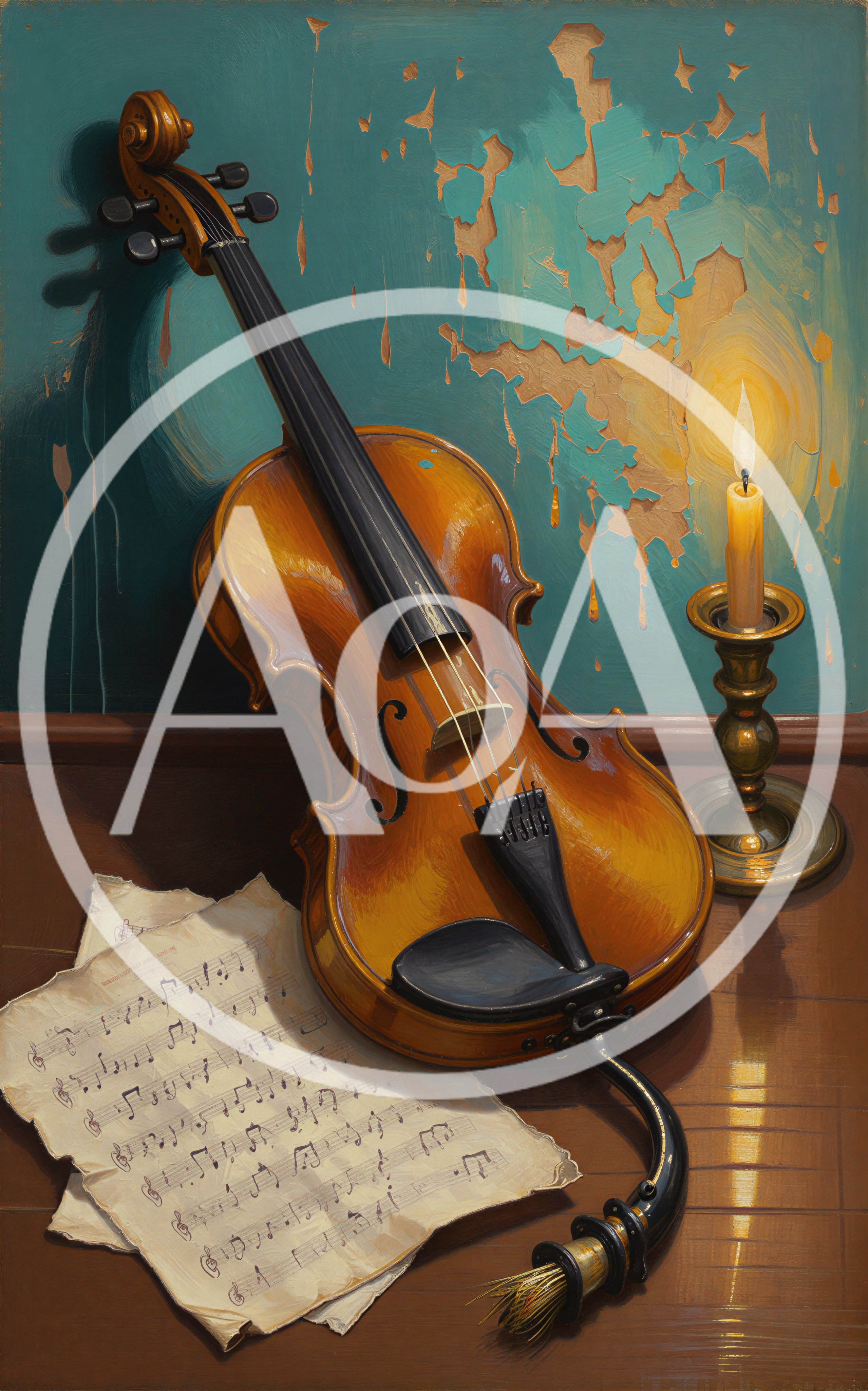 Violin With Sheet Music And Candle In Still Life