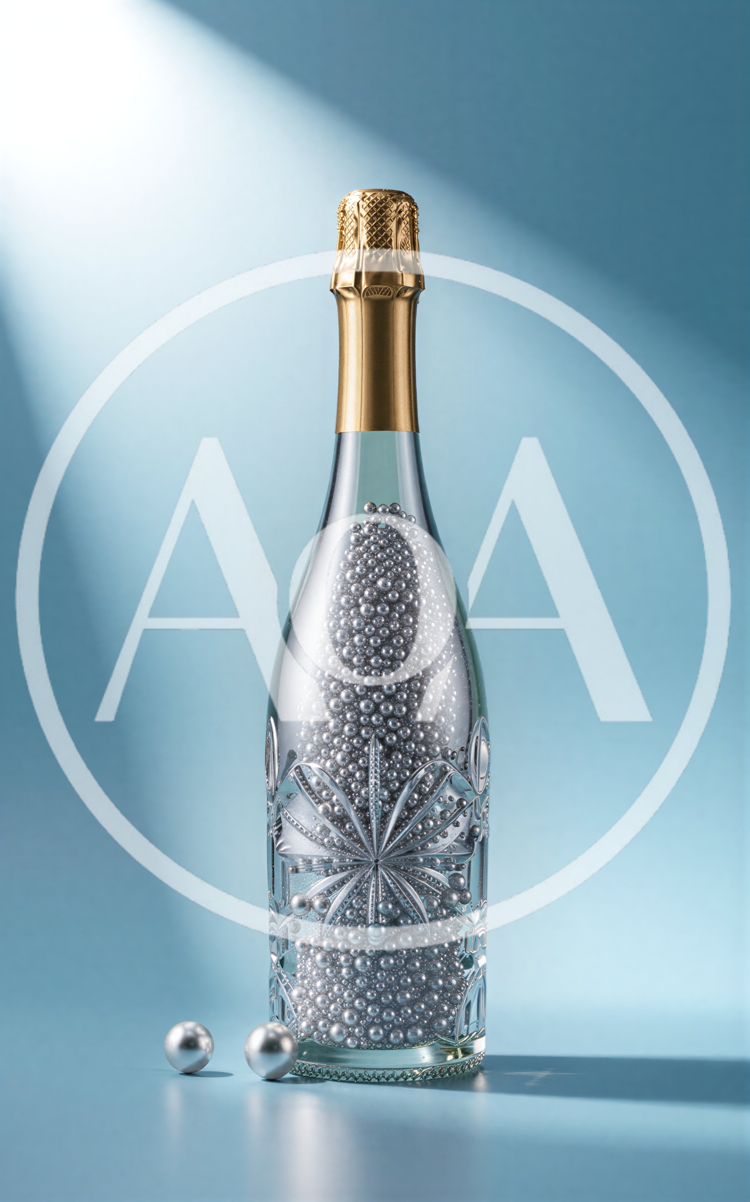Champagne Bottle Filled With Silver Decorative Pearls