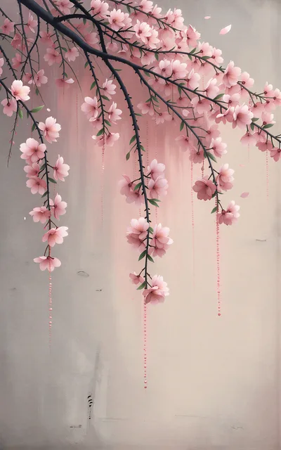 Cherry Blossom Branch With Hanging Pink Petal Strands