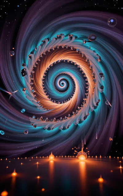 Abstract Cosmic Spiral Nebula With Glowing Orbs