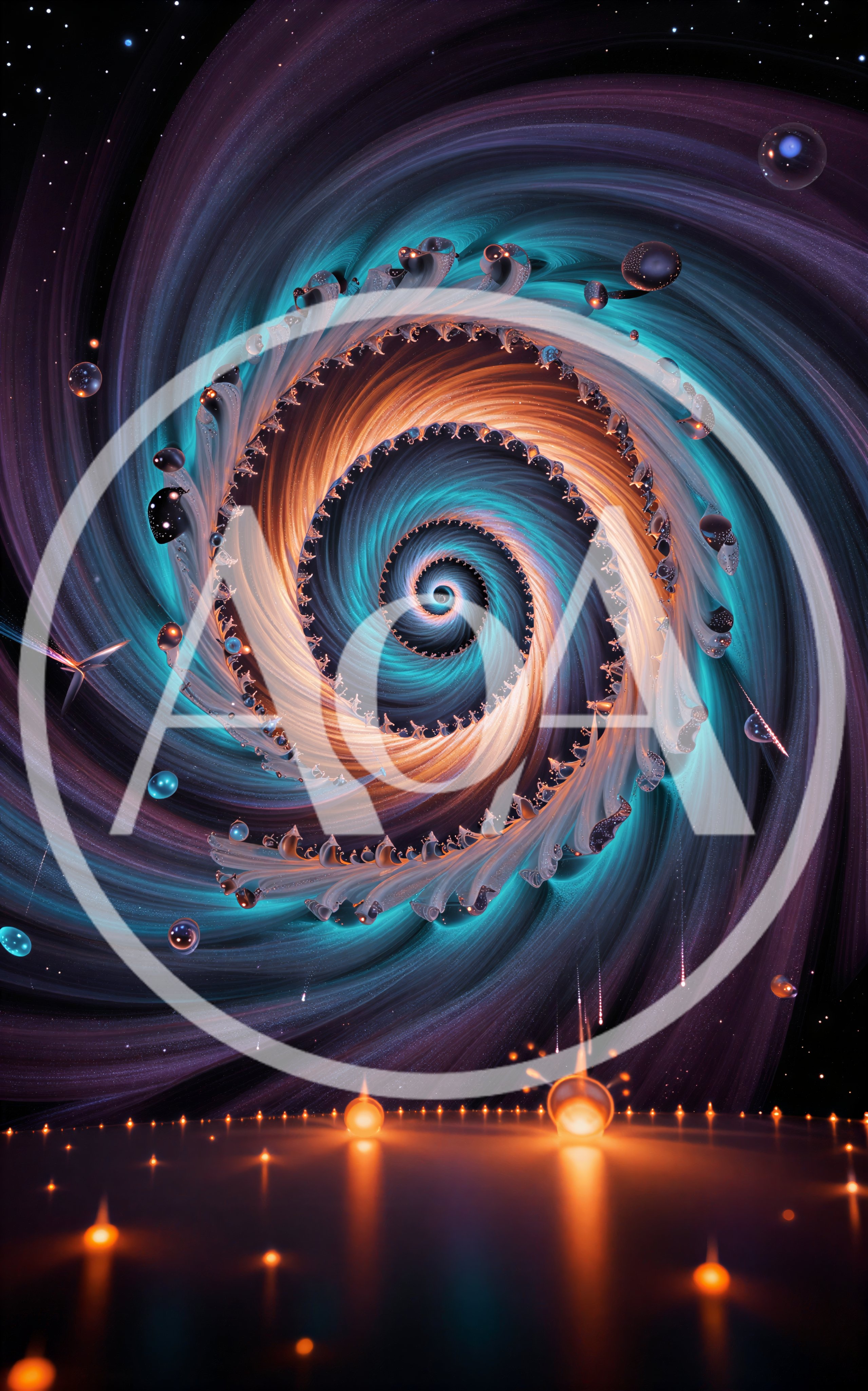 Abstract Cosmic Spiral Nebula With Glowing Orbs