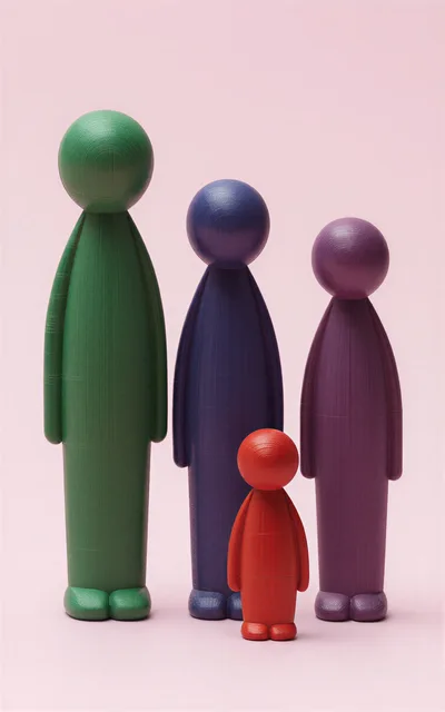 Four Colorful Wooden Abstract Figurines Standing Together