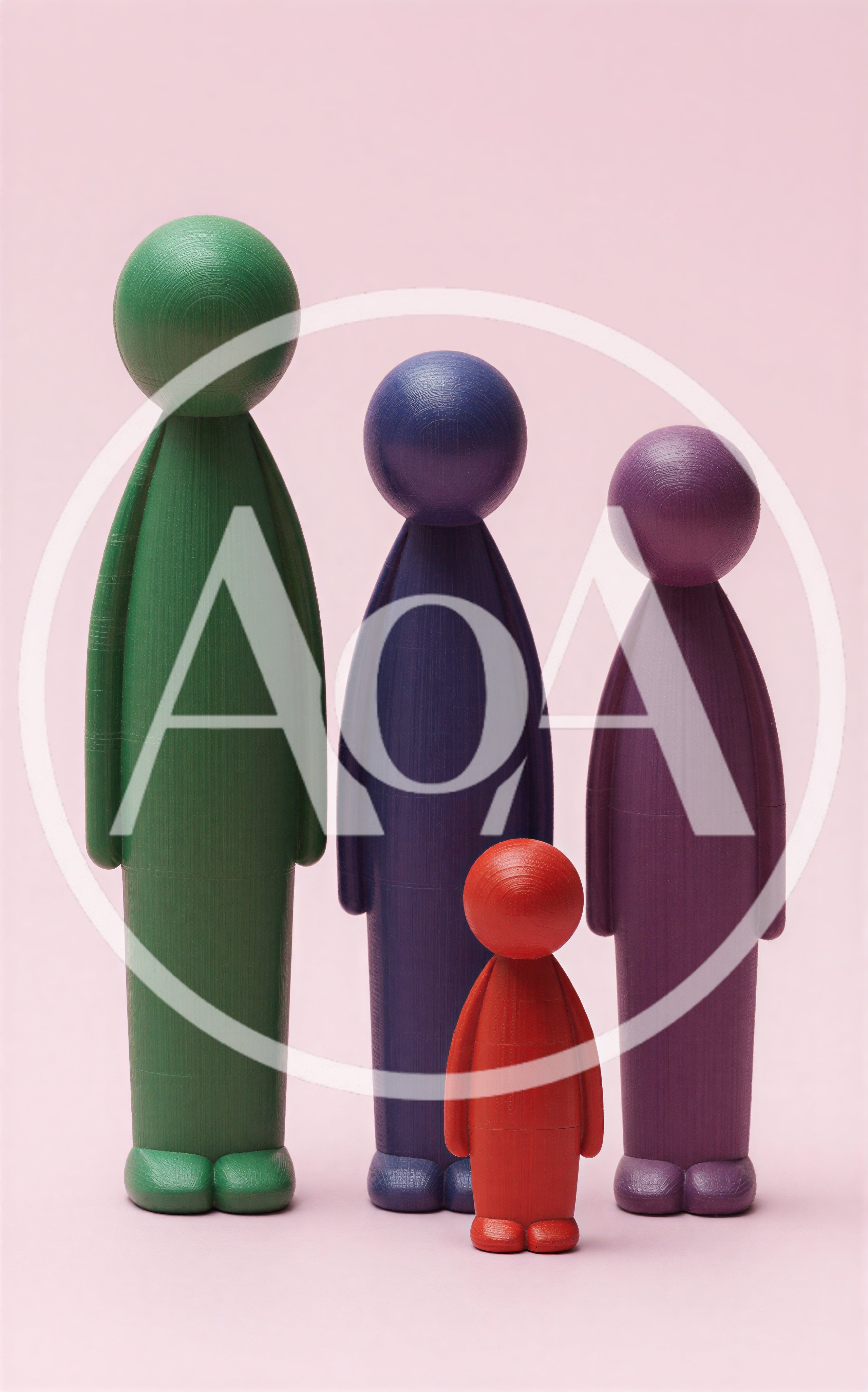 Four Colorful Wooden Abstract Figurines Standing Together