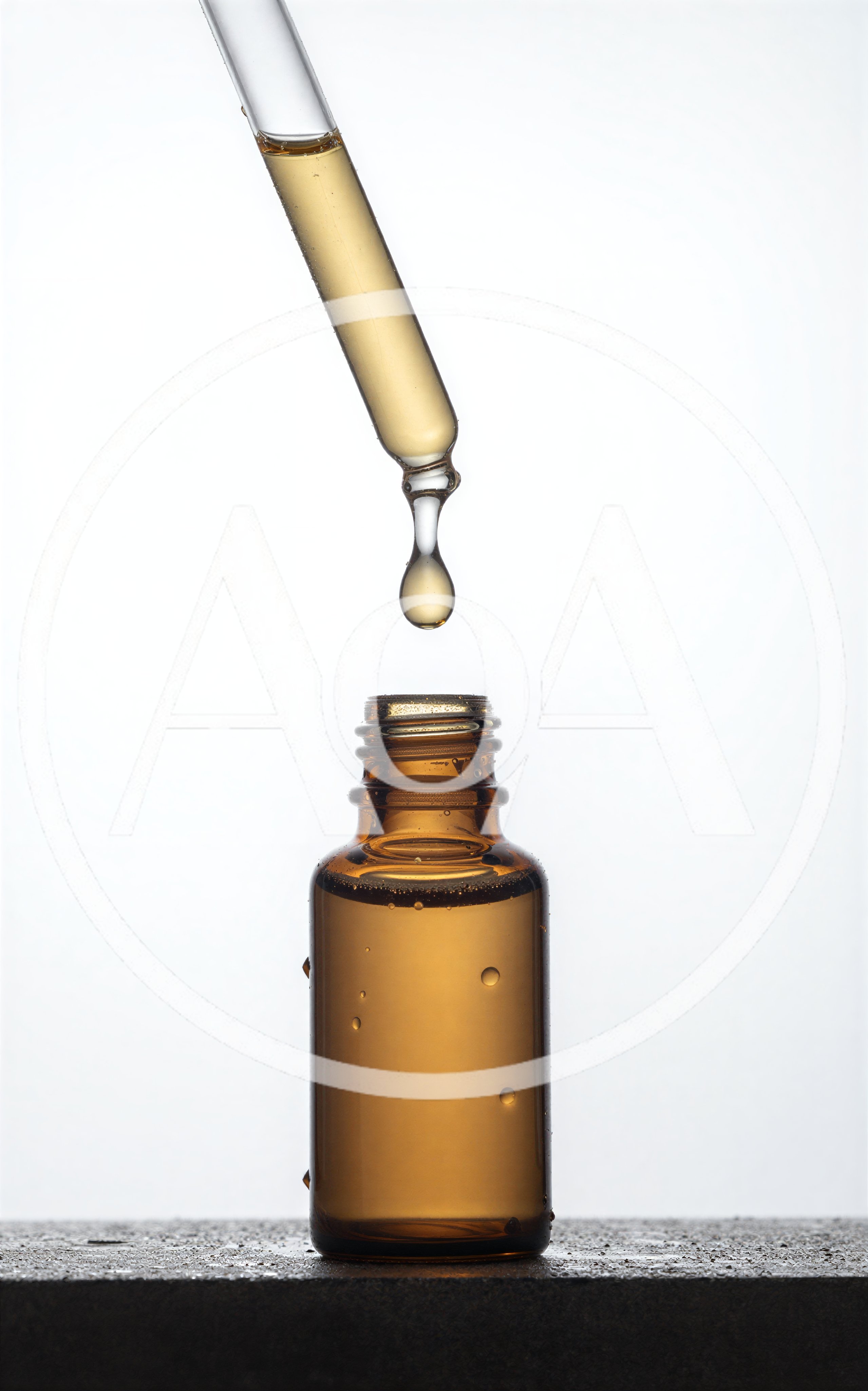 Dropper Dispensing Golden Serum Into Amber Glass Bottle