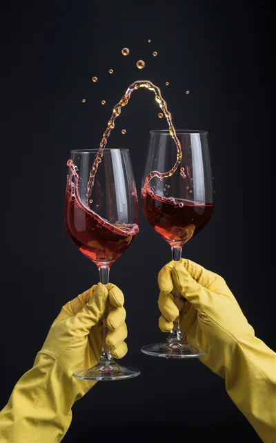 Hands In Yellow Rubber Gloves Toasting With Wine Glasses