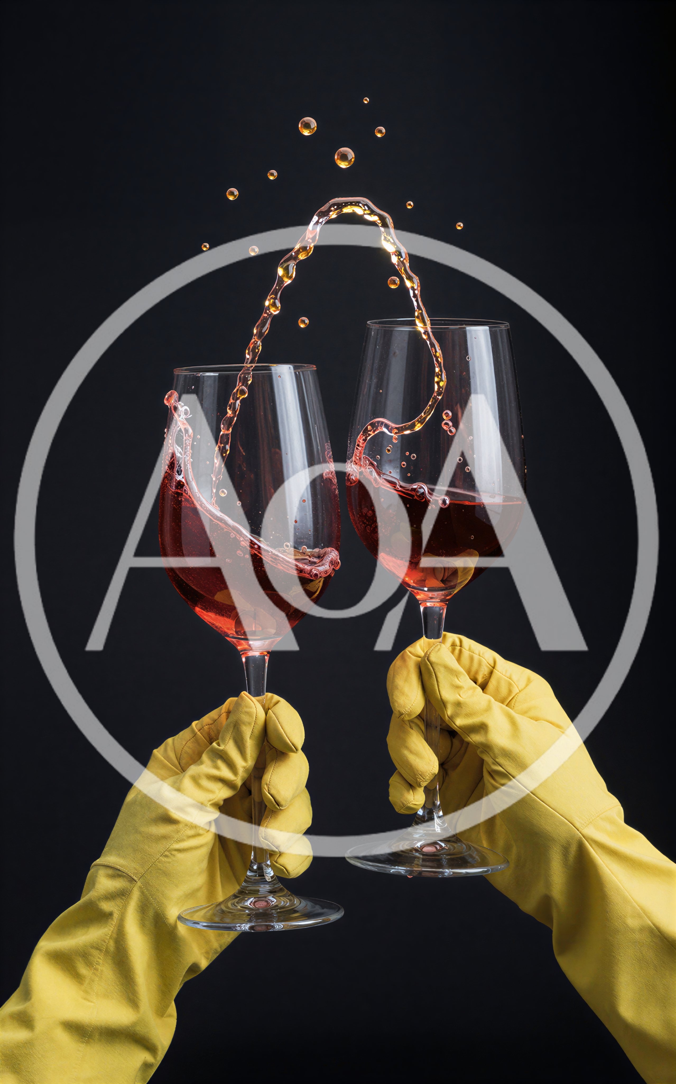 Hands In Yellow Rubber Gloves Toasting With Wine Glasses