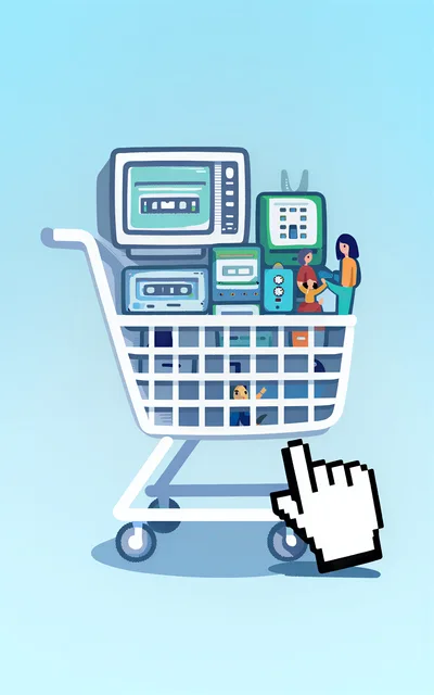 Online Shopping Cart Filled With Vintage Electronic Devices