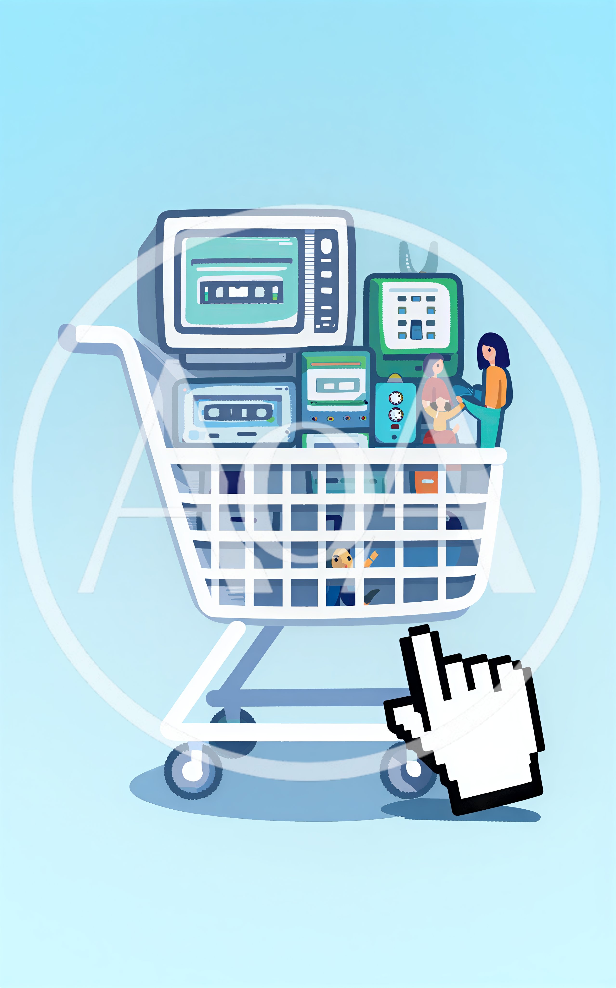 Online Shopping Cart Filled With Vintage Electronic Devices