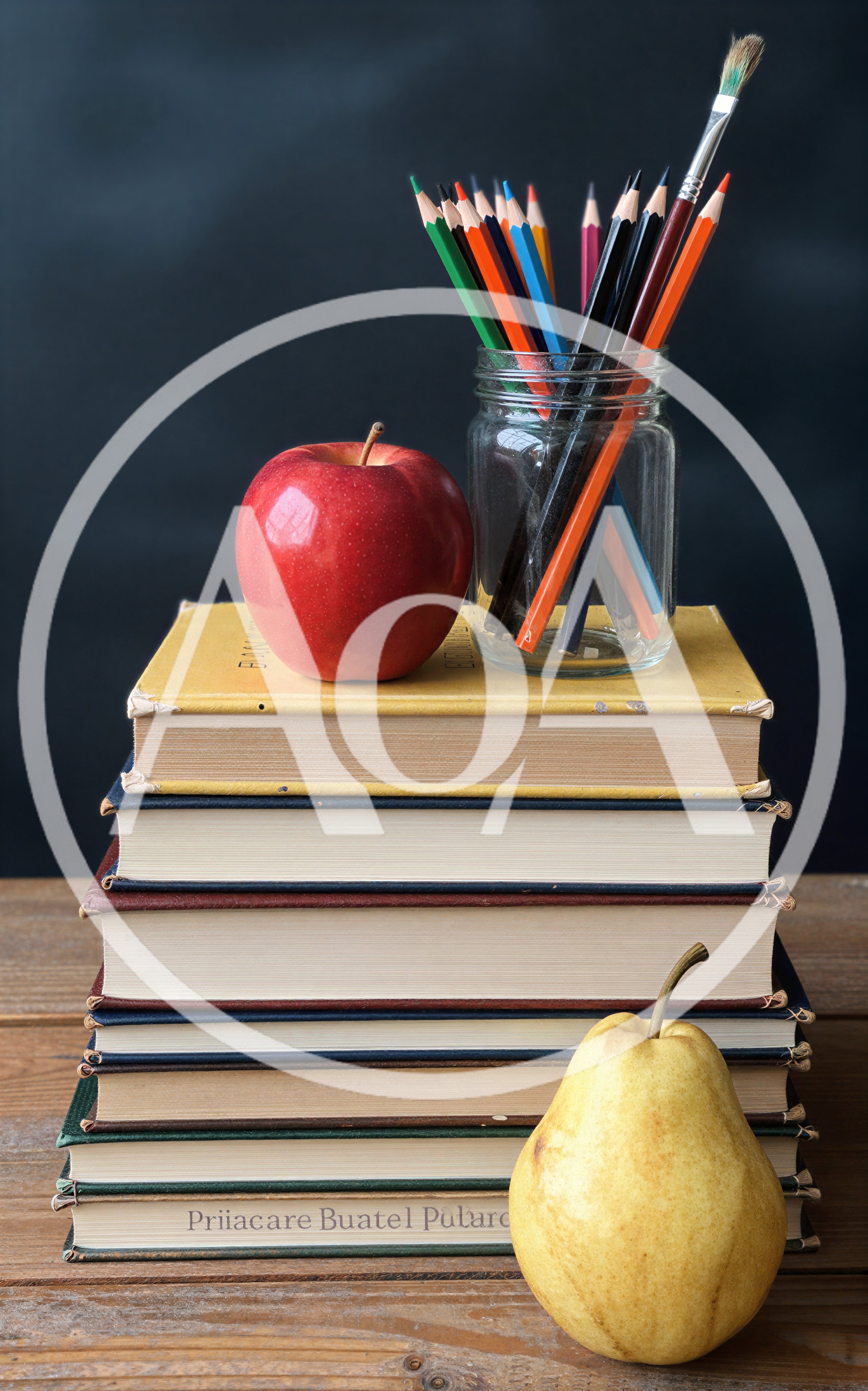 Stack Of Books With Apple And Pear On Table