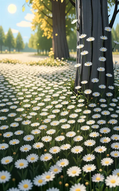 Daisies Growing Around A Tree In A Sunny Meadow