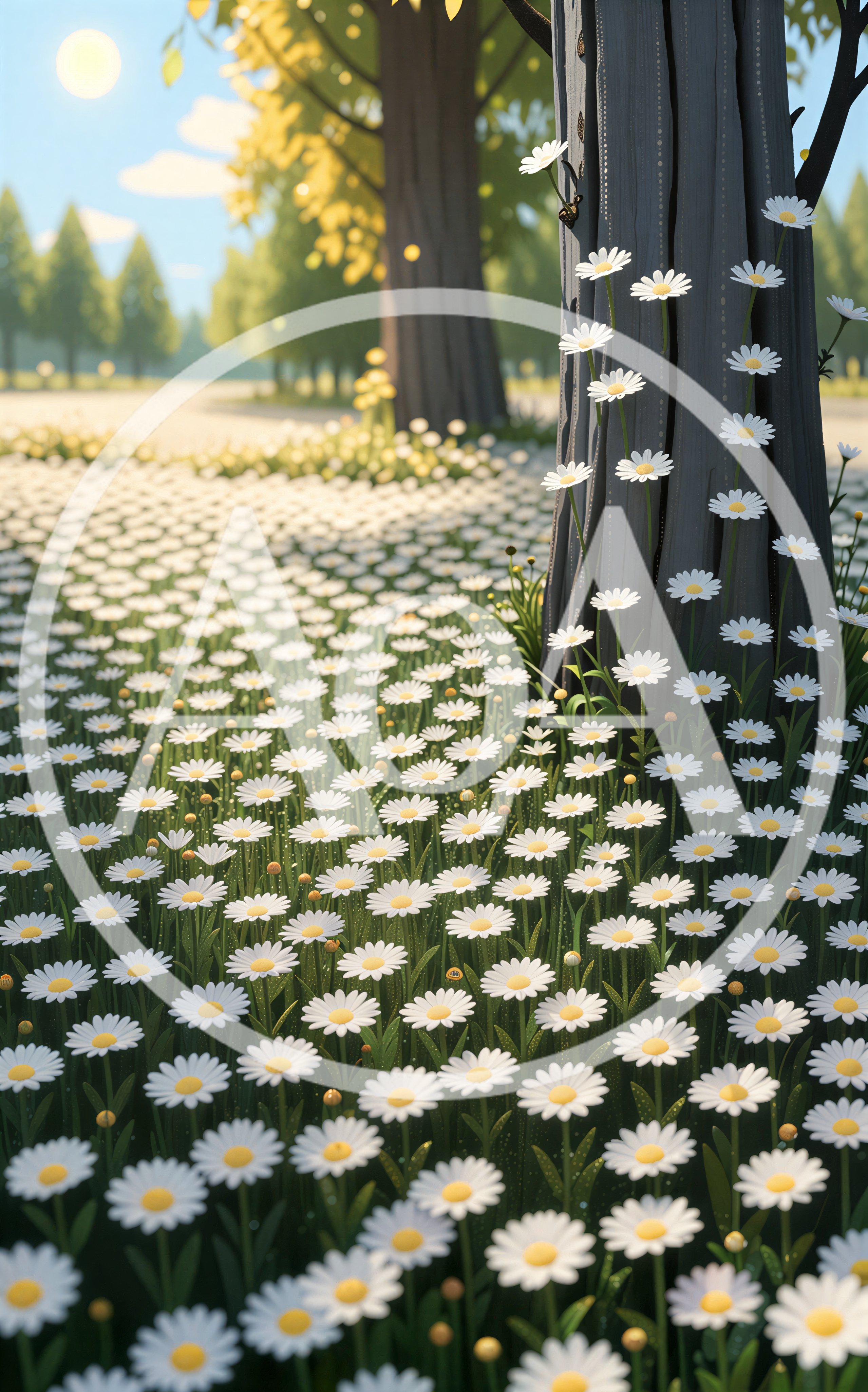 Daisies Growing Around A Tree In A Sunny Meadow
